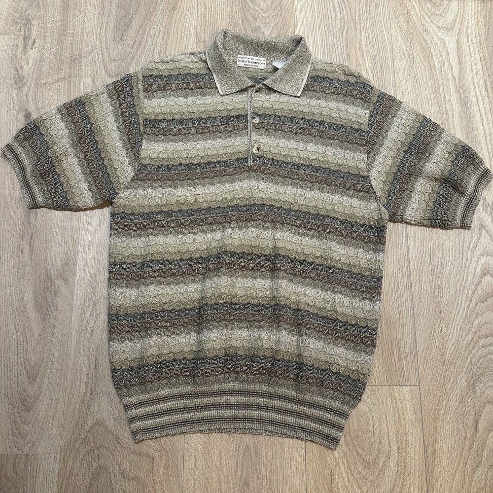 VINTAGE Norm Thompson Knitted Polo Sweater Large Geometric Banded 90s Italy